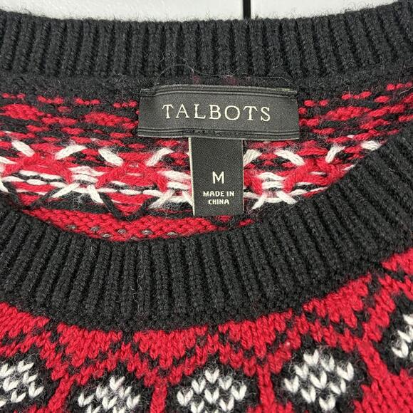 Talbots Women's Lambswool Blend Fair Isle Cabincore Black Red Sweater Sz Medium - Picture 3 of 6